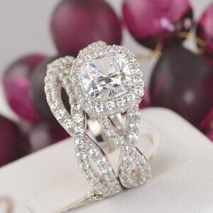 14k WHITE GOLD 925 STERLING SILVER HALO CUSHION WEDDING BAND ENGAGEMENT RING